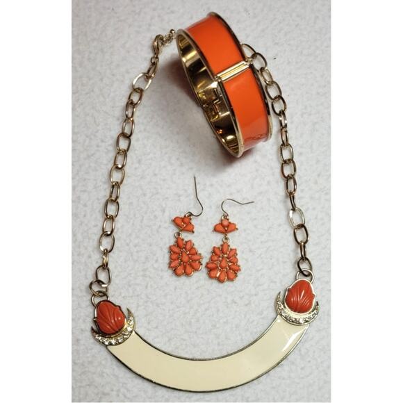 Vtg 80s 90s Cream Enamel Goldtone Collar Necklace Bracelet Earrings Orange - Picture 1 of 5